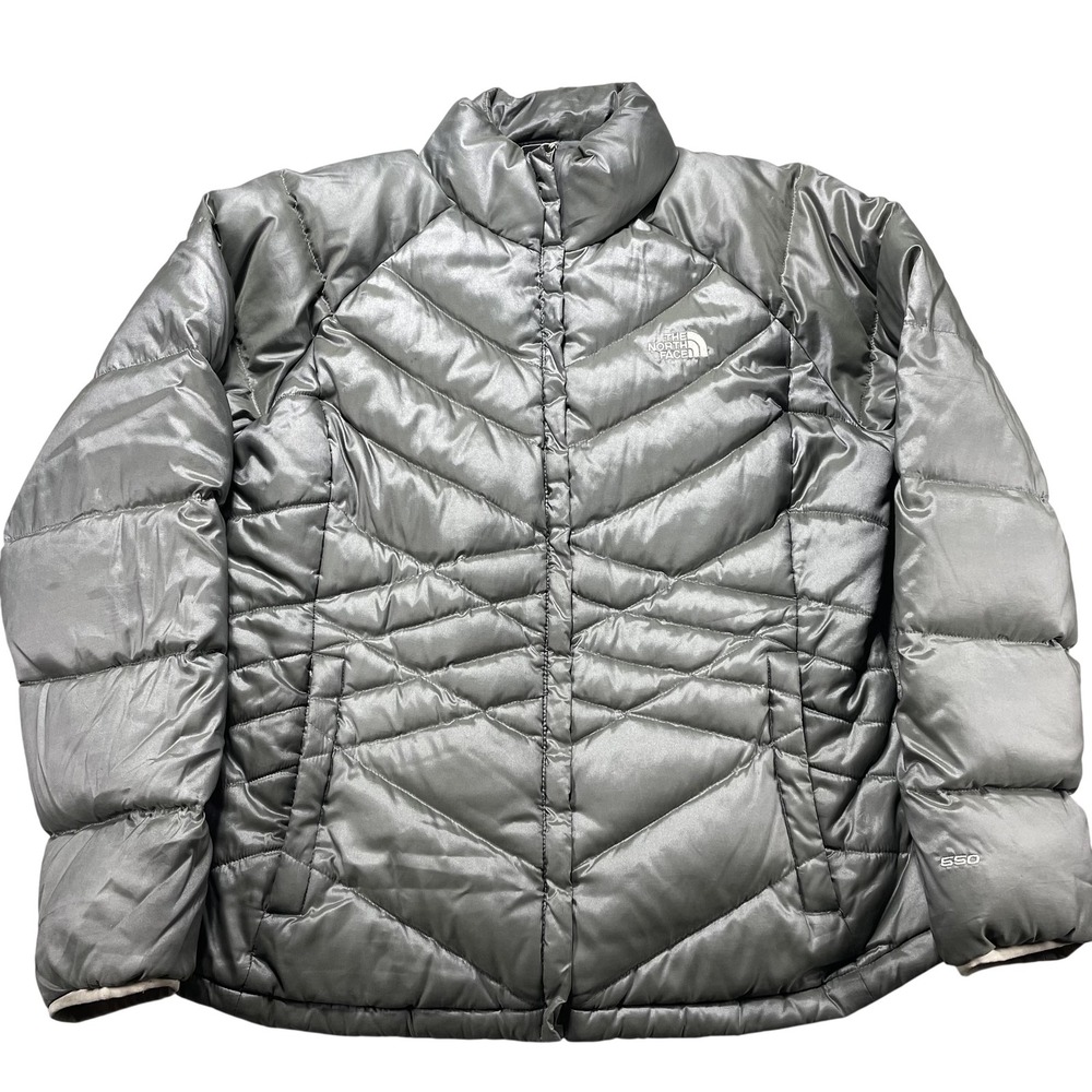 The North Face Jacket Womens XL Gray 550 Down Puffer Full Zip Outdoor Flaws